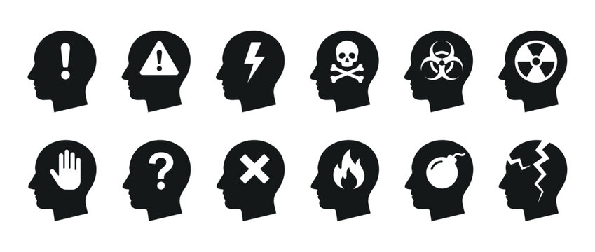 Twelve black human head silhouettes display various warning and danger icons, representing concepts like caution, risk, thought, and mental states in a flat, side profile vector style