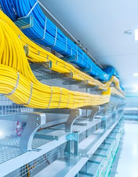 Medium shot of organized yellow and blue network cable trays running along the ceiling of a modern data center.