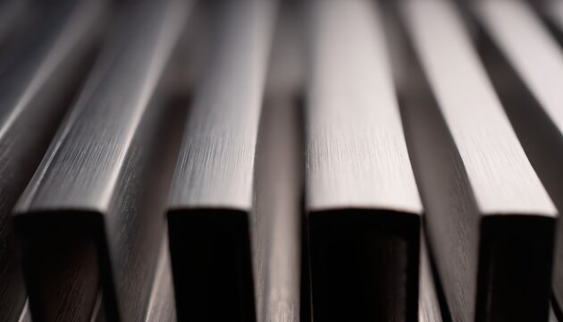 A perspective macro shot of silver aluminum cooling fins, showcasing the repetitive geometric structure of server thermal hardware.