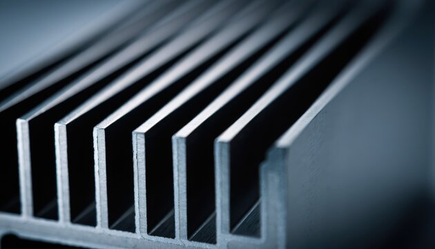 A perspective macro shot of silver aluminum cooling fins, showcasing the repetitive geometric structure of server thermal hardware.