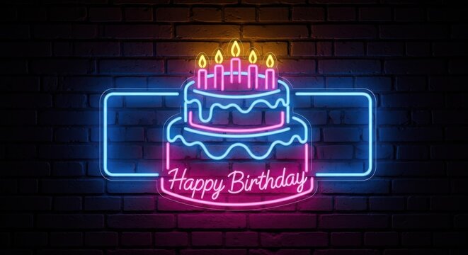 neon sign with a cake and candles on a brick wall background neon sign happy birthday cake with cand