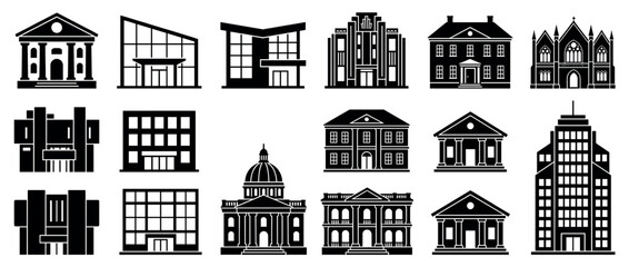 Fototapeta premium Various black silhouette building icons depicting diverse architectural styles, including modern, classical, and residential, presented in a clean, graphic illustration