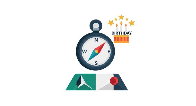 a compass with a map and a red pin on a white background with a green and blue triangle close up det