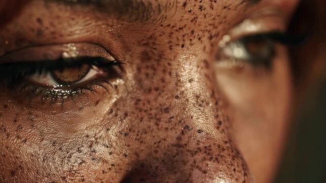 Intense close-up portrait showcasing the exquisite beauty and features of an African American woman with unique freckles and captivating eyes in natural light