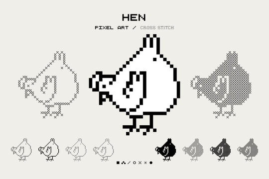Pixel Art Hen Illustration 8 Bit Cross stitch Cute Cock Cottagecore Retro Pixelated Animal vector sign symbol Abstract Simple Geometric Handcraft Element Monochrome Black and White cozy aesthetic