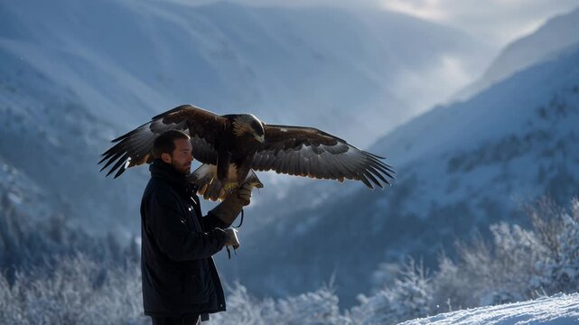 Caucasian man holding eagle, snowy mountains, falconer wearing dark coat presents golden eagle with outstretched wings against alpine backdrop, cold light,