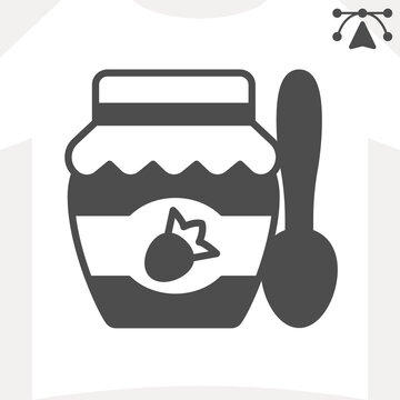 Jar of strawberry jam solid icon, sweet food concept. Vector graphics. Jam jar with tablespoon sign and editable stroke, glyph style icon for mobile or web design.