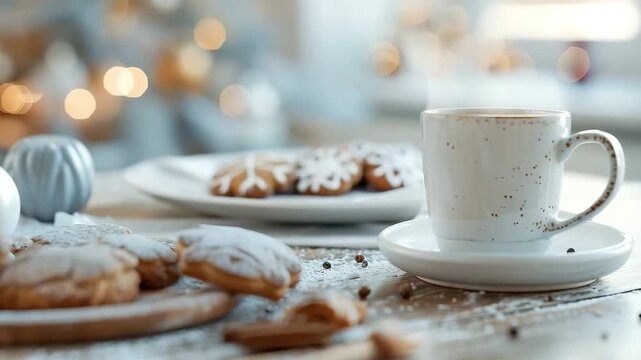 Christmas table shows leftover cookies on a plate and a mug sitting on a saucer. The setting captures the warmth of a winter evening after a festive gathering