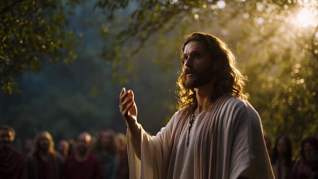 Bearded man preaching to crowd at sunset, purple robe flowing, outstretched hands, devoted listeners bathed in golden light, serene spiritual gathering filled