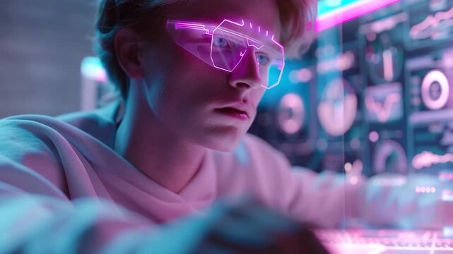 A young professional is focused on a workspace filled with glowing screens and digital tools. The setting is modern and high-tech. The individual uses advanced technology to complete tasks