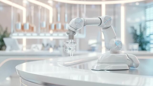 A robotic arm operates on a small object placed on a desk in a bright tech space. The environment features modern design elements with clean lines and ample lighting