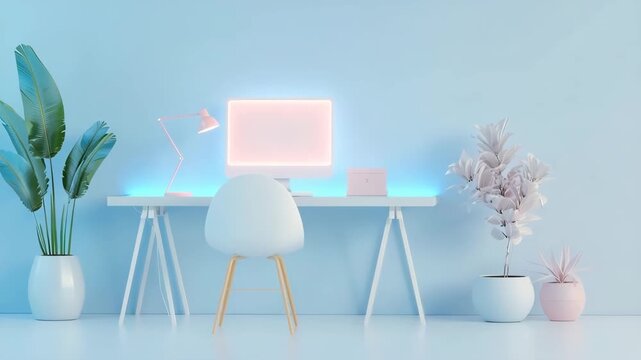 An office area with soft blue light. There is a desk with a computer, a lamp, and various plants in white pots. The light changes make the area look different