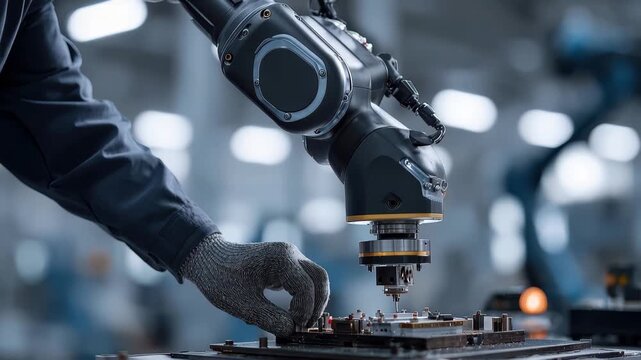 Engineer conducts research and development in robotic factory, utilizing advanced robotic technology for precision tasks and automation