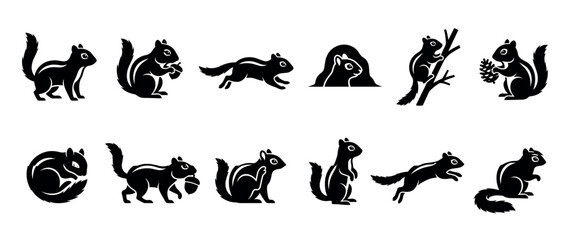 Fototapeta premium Various black silhouette chipmunks and squirrels in diverse poses, including running, climbing, holding nuts, and peeking from a burrow, presented as clean graphic icons