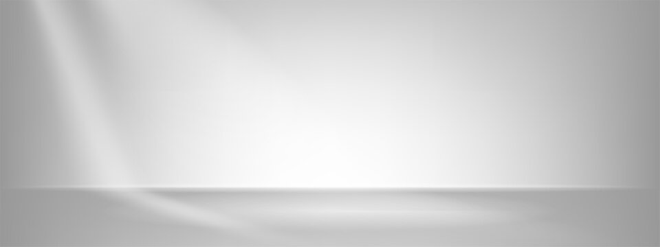 3d white limbo light floor. Ivory studio background with shine texture and sun fall spotlight from window. Clean and soft nature gradient kitchen presentation with cream backdrop for photography