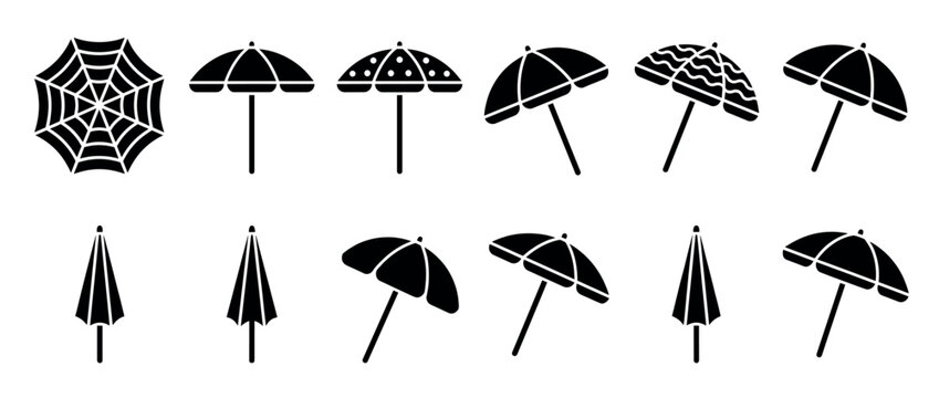 Various black silhouette umbrella and spiderweb icons are displayed in a graphic, flat style, showing open and closed designs with different patterns