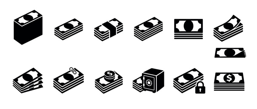 Various black silhouette money banknote icons depicting stacks of cash, some with paperclips, coins, safes, or padlocks, presented in a clean, graphic style