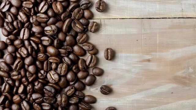 Coffee beans are laid out along one side of a wooden surface. Each bean shows its unique shape and color. This display highlights the beauty of coffee for everyone to see