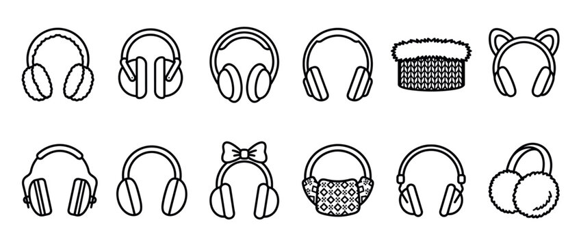 Various black outline earmuffs and headphones icons are neatly arranged in a grid, showcasing diverse designs and styles in a clean, illustrative vector art