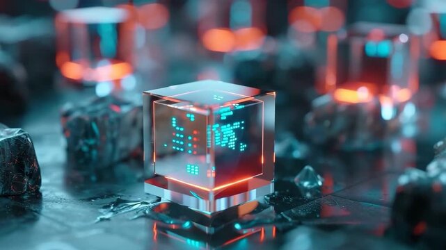 Cubes show holograms of data in a digital environment. Bright lights highlight the shapes. Each cube features unique information displayed in glowing patterns