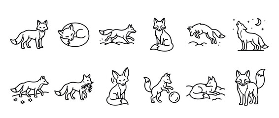 Obraz premium Collection of black outline fox illustrations depicting various poses including standing, running, sleeping, howling, and playing, presented in a clean, minimalist line art style