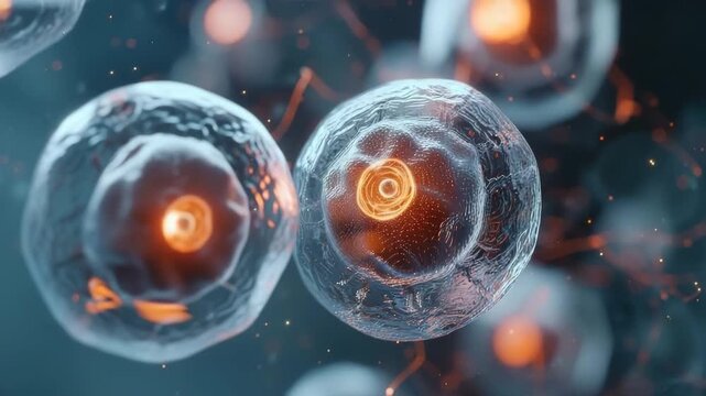 Cells are viewed under a microscope revealing their inner structures and interactions. This shows the complexity and beauty of life at a microscopic level