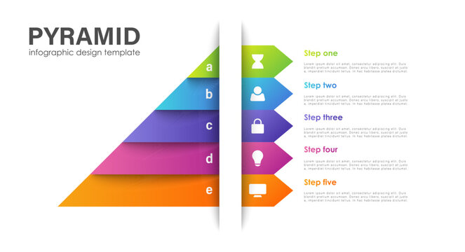 Pyramid infographic template with 5 options, levels diagram. Layout element for presentation, banner and brochure
