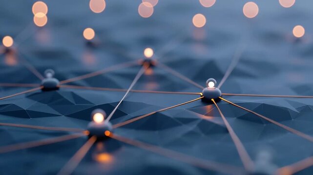 Bright lights connect nodes in a dark environment, illustrating a network of data connections. This display emphasizes the flow of information and technology used