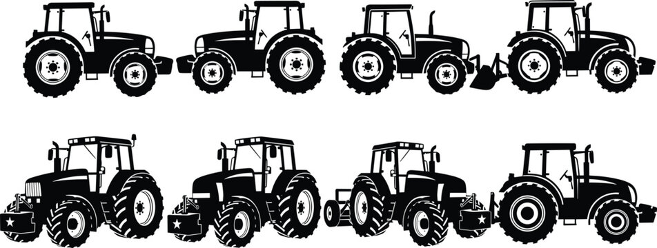 Comprehensive Collection of Modern Farm Tractor Silhouettes Including Side Profiles and Perspective Views for Agricultural Machinery Industrial Vector Design Assets