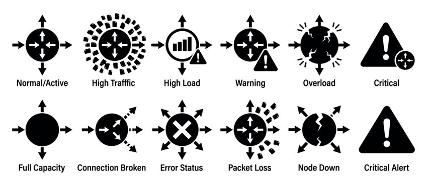 Comprehensive set of black and white network status icons illustrating data flow conditions, from normal operation to critical errors, in a clean, flat design