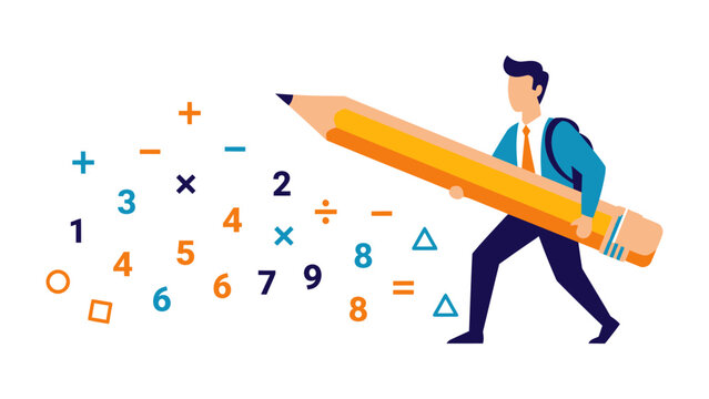 Unleashing Mathematical Creativity: A man, pencil in hand, strides confidently, accompanied by a dynamic flurry of numbers and symbols. The visual harmony between person and concept.