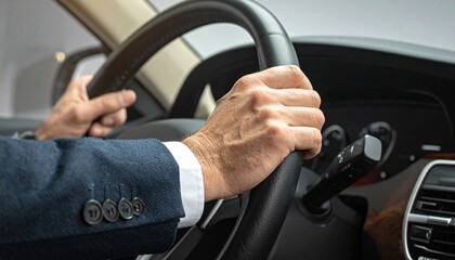 Naklejka premium Close-up of a businessmans hands on a car steering wheel, driving in a modern vehicle.