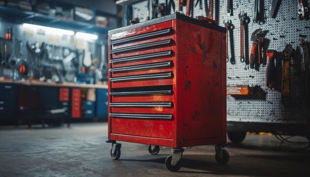 Red Metal Tool Chest Cabinet with Drawers in a Workshop.