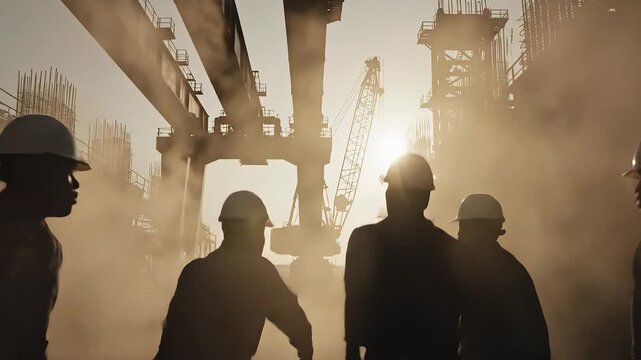 Construction workers urgently discussing problem on industrial site, silhouettes in dust and smoke near cranes, team reacting to unexpected situation, quick decision making and coordinated response