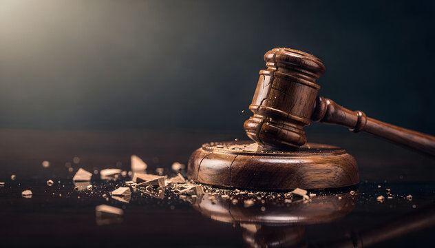 Wooden Gavel and Sound Block with Shattered Pieces, Symbolizing Justice, Law, Decision, and Legal Process on a Dark Reflective Surface