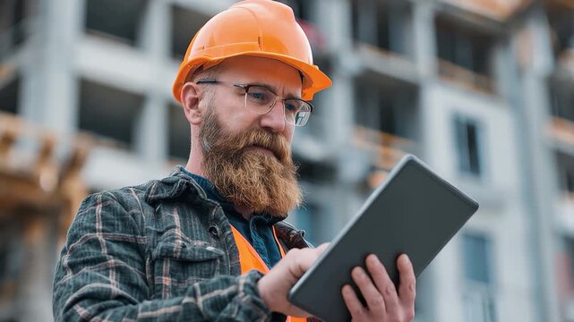 Builder using tablet at construction site, overseeing project progress and ensuring safety standards during workday