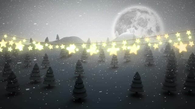 Glowing star shaped fairy lights decoration against snow falling over winter landscape