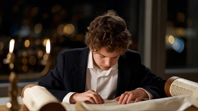 Young rabbi studies Torah scroll in candlelit study room, ancient parchment unfurls across wooden desk, rain streams down window behind creating bokeh effect, perfect for Jewish scholarship and