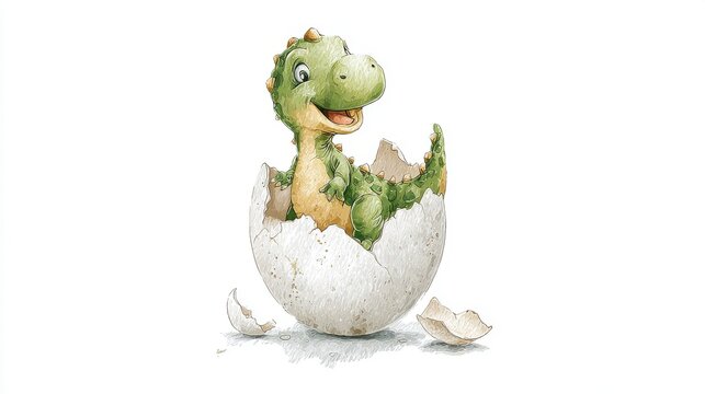 Adorable baby dinosaur hatching from its egg, cute and cheerful prehistoric creature. Charming, green baby dinosaur with big smile emerges from cracked white egg, symbolizing new beginnings innocence