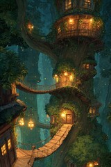 Obraz premium Magical woodland dwelling nestled in towering branches, glowing moss and twilight accents