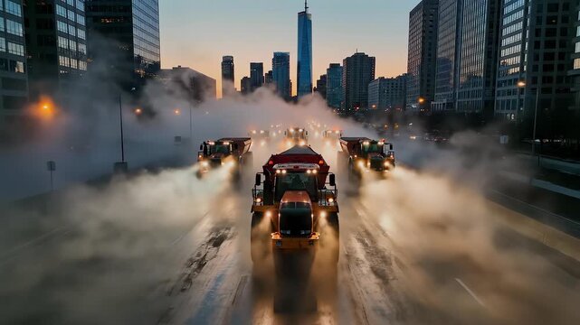 Farmers driving tractors, city streets blocking traffic, convoy moving through urban avenue, agricultural protest disrupting transport system, demonstration of rural workers demanding policy change