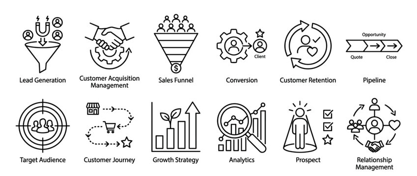 Twelve modern black line art business marketing icons illustrating concepts like lead generation, sales funnel, customer journey, and growth strategy, presented in a clear, simple graphic style