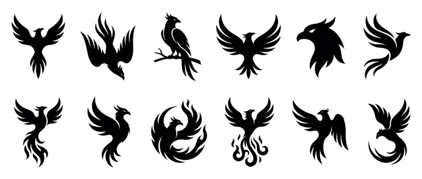 Twelve black silhouette phoenix bird illustrations showcasing various mythical poses and iconic designs in a graphic, symbolic style