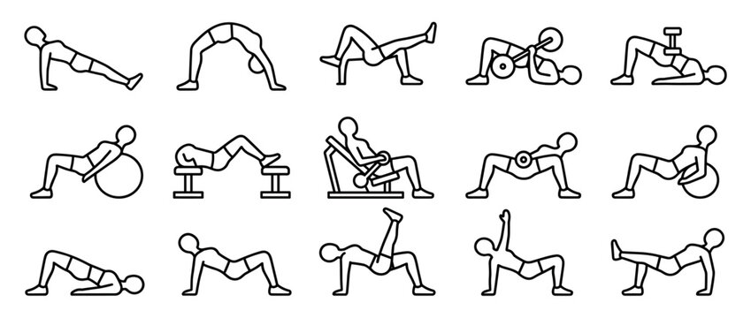 Fifteen black outline icons illustrate various glute and hip exercises, showcasing different fitness movements and equipment in a clean, minimalist style