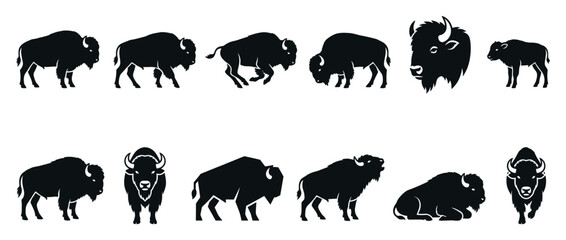 Fototapeta na wymiar Multiple black bison silhouettes in various dynamic poses and perspectives, showcasing the powerful wild animal in a graphic vector style