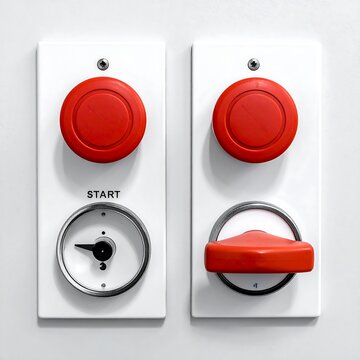 Close-up of two white rectangular control panels, one marked START, featuring red buttons and a gauge. Industrial or machinery aesthetic