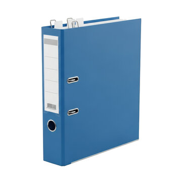 A sturdy blue binder standing upright with a closed front cover and black spine label PNG isolated on transparent background