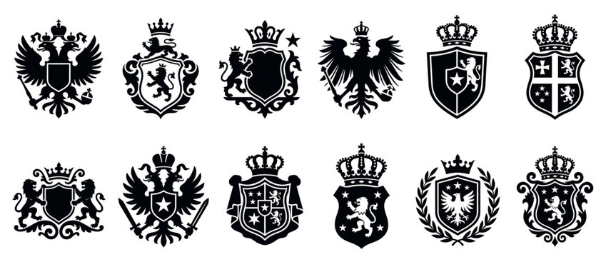 Various intricate black heraldic crests and shields are elegantly displayed, featuring crowns, eagles, and lions in a classic, regal style