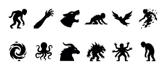 Fototapeta premium Collection of black silhouettes of various fantasy creatures and monstrous figures, depicted in a graphic, dark, and stylized vector art style