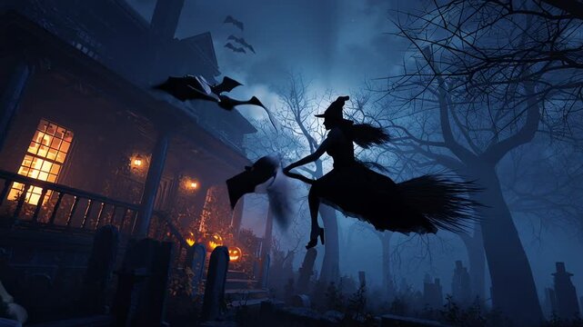 Moonlit witch flying over mansion, broom silhouette against full moon, glowing pumpkins and lanterns, bats circling, foggy graveyard with wrought iron fence,